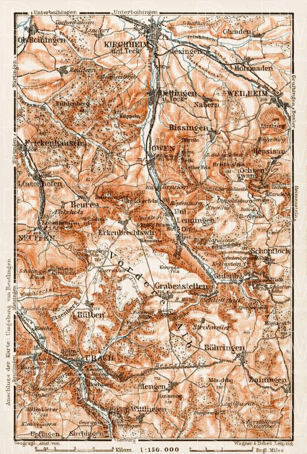 Map of the Southern environs of Kirchheim unter Teck, 1909. Use the zooming tool to explore in higher level of detail. Obtain as a quality print or high resolution image