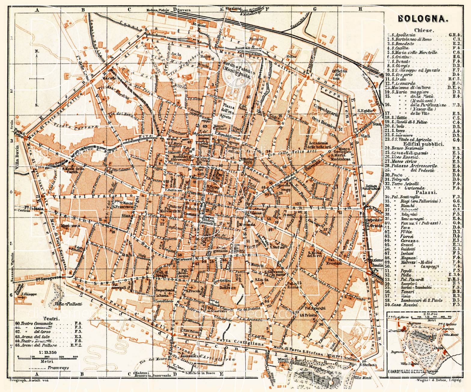 Old map of Bologna in 1898. Buy vintage map replica poster print or