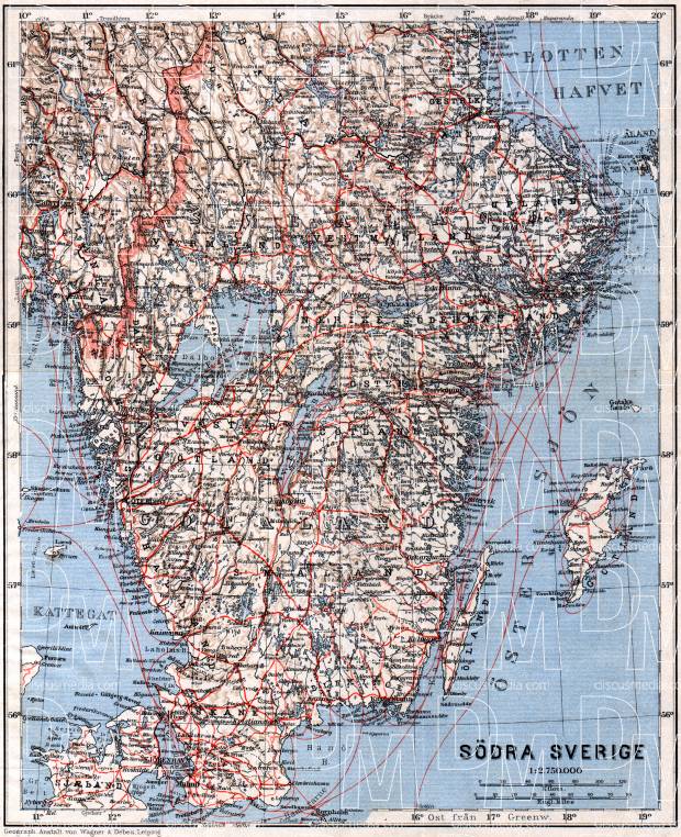 Sweden, south part. General map, 1910. Use the zooming tool to explore in higher level of detail. Obtain as a quality print or high resolution image