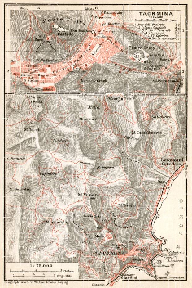 Taormina town plan. Environs of Taormina map, 1912. Use the zooming tool to explore in higher level of detail. Obtain as a quality print or high resolution image