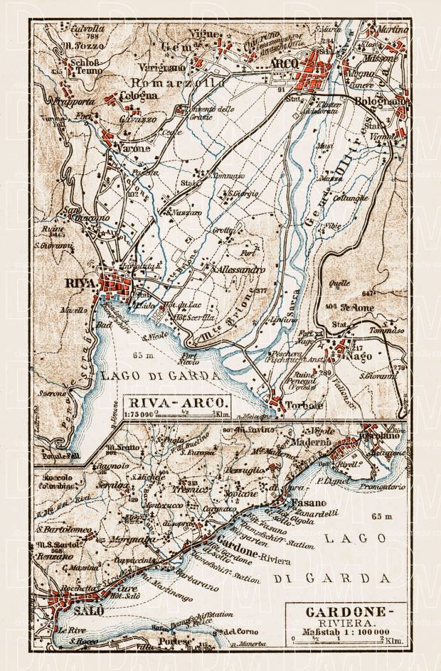 Riva - Arco and Gardone Riviera region map, 1903. Use the zooming tool to explore in higher level of detail. Obtain as a quality print or high resolution image