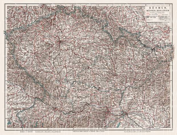 Czech Republic on the general map of Bohemia, Moravia and Silesia, 1913. Use the zooming tool to explore in higher level of detail. Obtain as a quality print or high resolution image