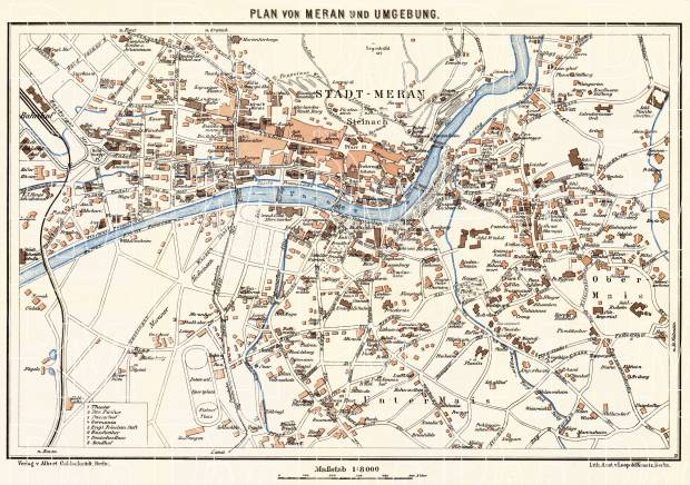 Meran (Merano) city map, 1911. Use the zooming tool to explore in higher level of detail. Obtain as a quality print or high resolution image