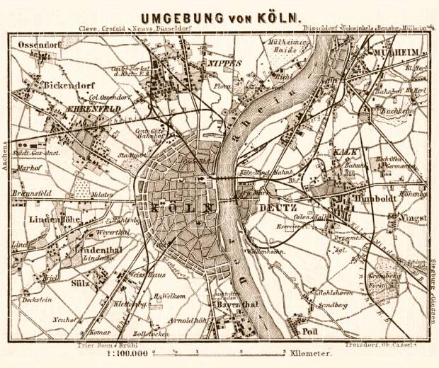 Cologne (Köln) and environs map, 1887. Use the zooming tool to explore in higher level of detail. Obtain as a quality print or high resolution image