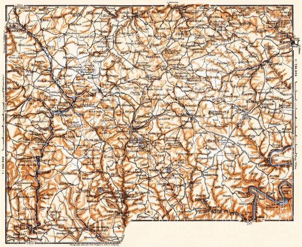 Volcanic Eifel Mountains map, 1905. Use the zooming tool to explore in higher level of detail. Obtain as a quality print or high resolution image