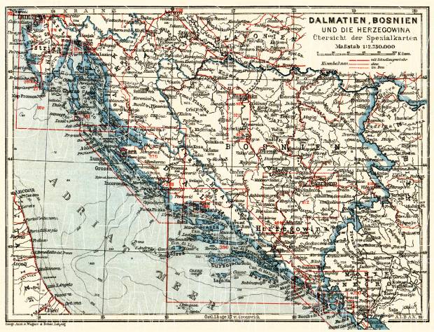 Dalmatia, Bosnia and Herzegovina. General map, 1911. Use the zooming tool to explore in higher level of detail. Obtain as a quality print or high resolution image