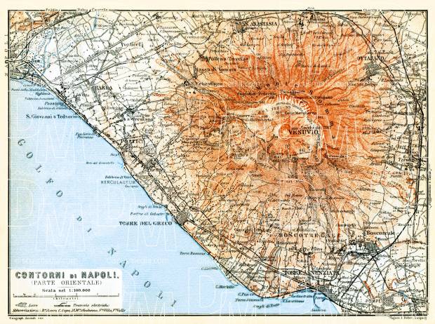 Naples (Napoli) eastern environs map (with Mount Vesuvius), 1912. Use the zooming tool to explore in higher level of detail. Obtain as a quality print or high resolution image