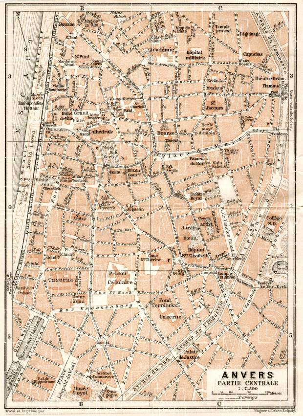 Antwerp (Antwerpen, Anvers), city centre map, 1909. Use the zooming tool to explore in higher level of detail. Obtain as a quality print or high resolution image