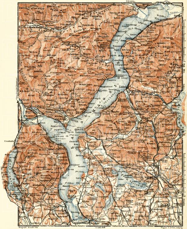 Maggiore Lake and d´Orta Lake nearer environs map, 1913. Use the zooming tool to explore in higher level of detail. Obtain as a quality print or high resolution image