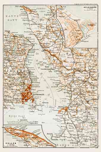 Kullen and Helsingör (Helsingør). Öresund (the Sound, Øresund) environs general map, 1911