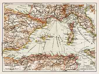 Italy on the map of mediterranean marine routes between Marseille and Algiers, 1913