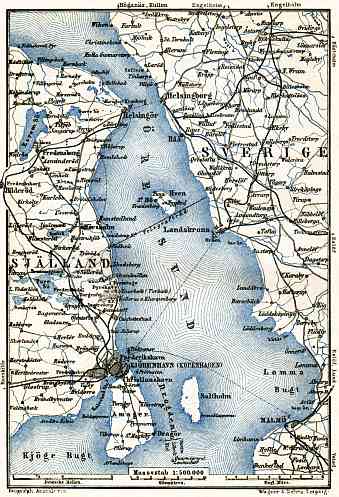 Southwest Sweden with Copenhagen (Kjöbenhavn, København) on the map of Copenhagen environs, 1910