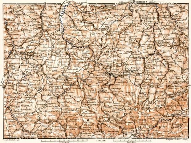 North Bohemia on the map of Erzgebirge (Ore) Mountains or Krušné hory, 1911. Use the zooming tool to explore in higher level of detail. Obtain as a quality print or high resolution image