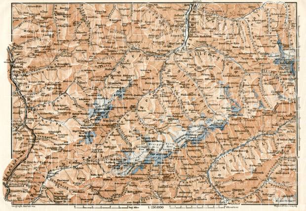 Zillertal Alps (Zillertaler Alpen, Alpi Aurine) general map, 1906. Use the zooming tool to explore in higher level of detail. Obtain as a quality print or high resolution image