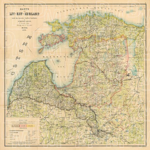 Latvia on the map of Baltics (Estonia, Livonia and Courland - Livland, Estland, Kurland), 1898. Use the zooming tool to explore in higher level of detail. Obtain as a quality print or high resolution image