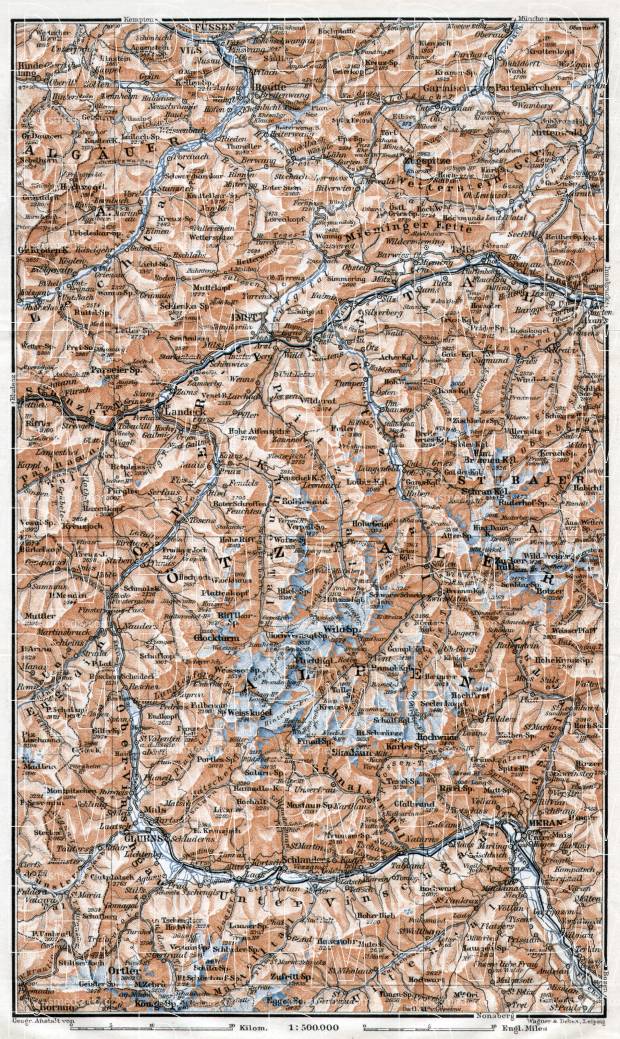Map of the Ötztal (Alpi Venoste), Stubai (Alpi dello Stubai) and Ortler (Ortles-Cevedale) Alps, 1910. Use the zooming tool to explore in higher level of detail. Obtain as a quality print or high resolution image