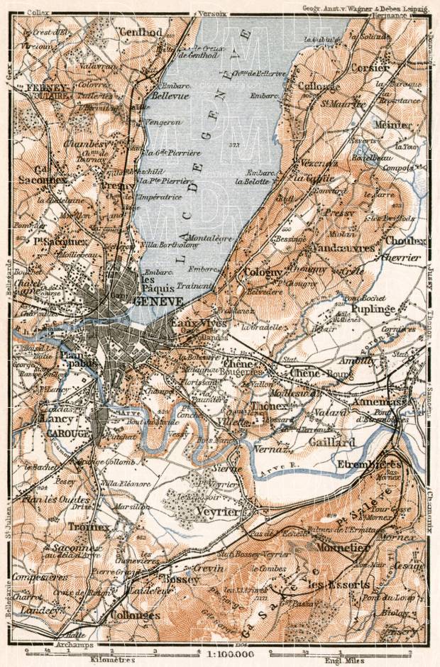 Romandy on the map of Geneva (Genf, Genève) and environs, 1902. Use the zooming tool to explore in higher level of detail. Obtain as a quality print or high resolution image