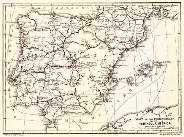 Portugal on the railway map of Iberian Peninsula, 1899. Use the zooming tool to explore in higher level of detail. Obtain as a quality print or high resolution image