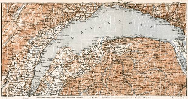 Swiss cantons of Vaud, Geneva, and Valais along the lake of Geneva (Lac Léman) environs, 1902. Use the zooming tool to explore in higher level of detail. Obtain as a quality print or high resolution image